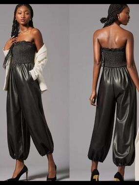 Anthropologie Black Strapless Smocked Faux-Leather Jumpsuit